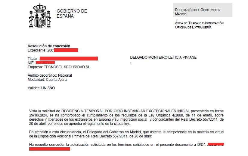 Concesión de residencia temporal por arraigo social.