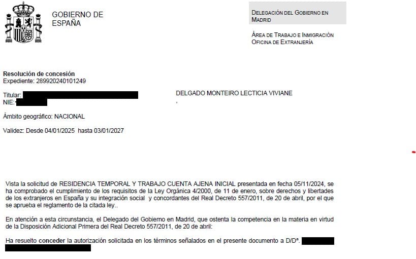 Residencia temporal y trabajo cuenta ajena inicial