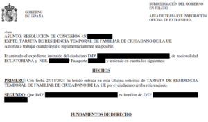 Resolución de concesión residencia temporal familiar de la UE