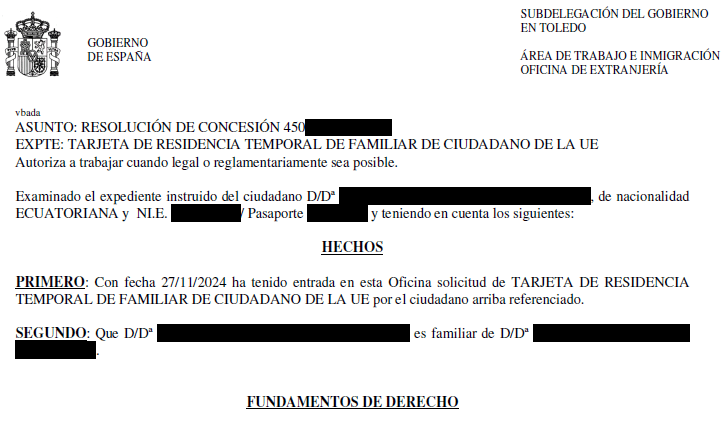 Resolución de concesión residencia temporal familiar de la UE
